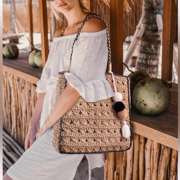 Woven Straw Tote with Pom Pom tassel - Picture 2 of 9